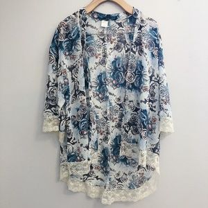 Wild Pearl Floral Lace Trim Kimono Bed Jacket NWOT
